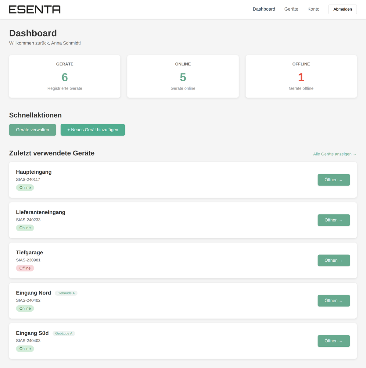Tableau de bord du portail cloud ESENTA avec statut et liste des appareils