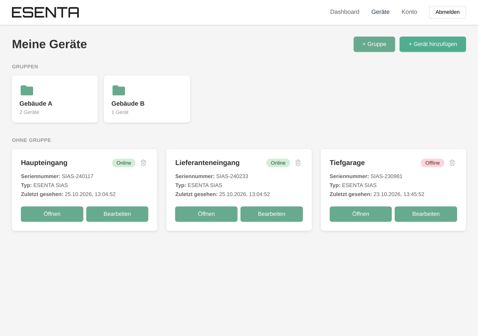 Page « Mes appareils » avec groupes et cartes d'appareils