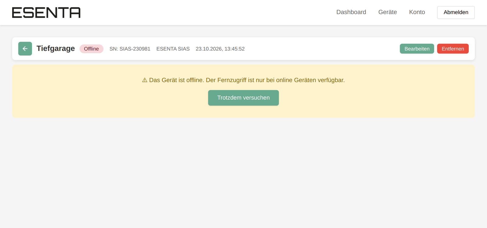 Avertissement pour un appareil hors ligne