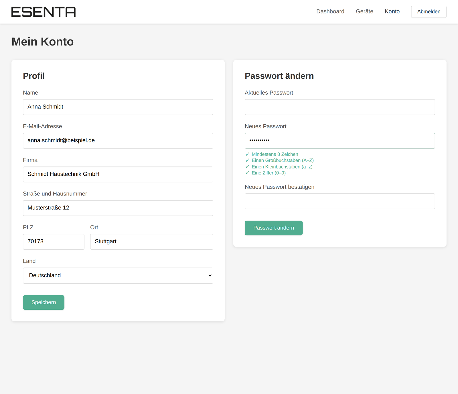 Page « Mon compte » avec le profil et le changement de mot de passe