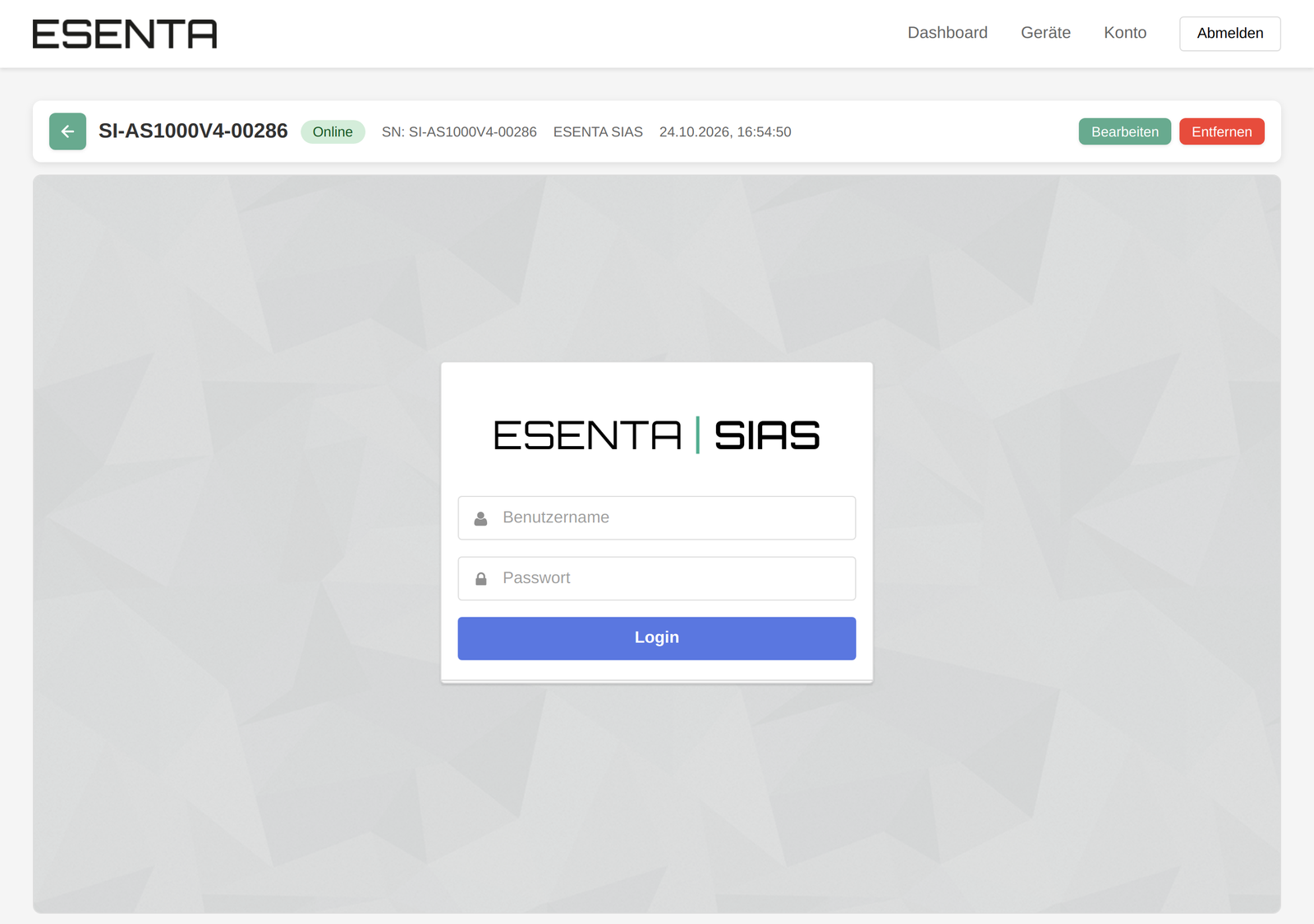 Accès à distance à un véritable ESENTA SIAS : la page de connexion de l'installation apparaît directement dans le portail