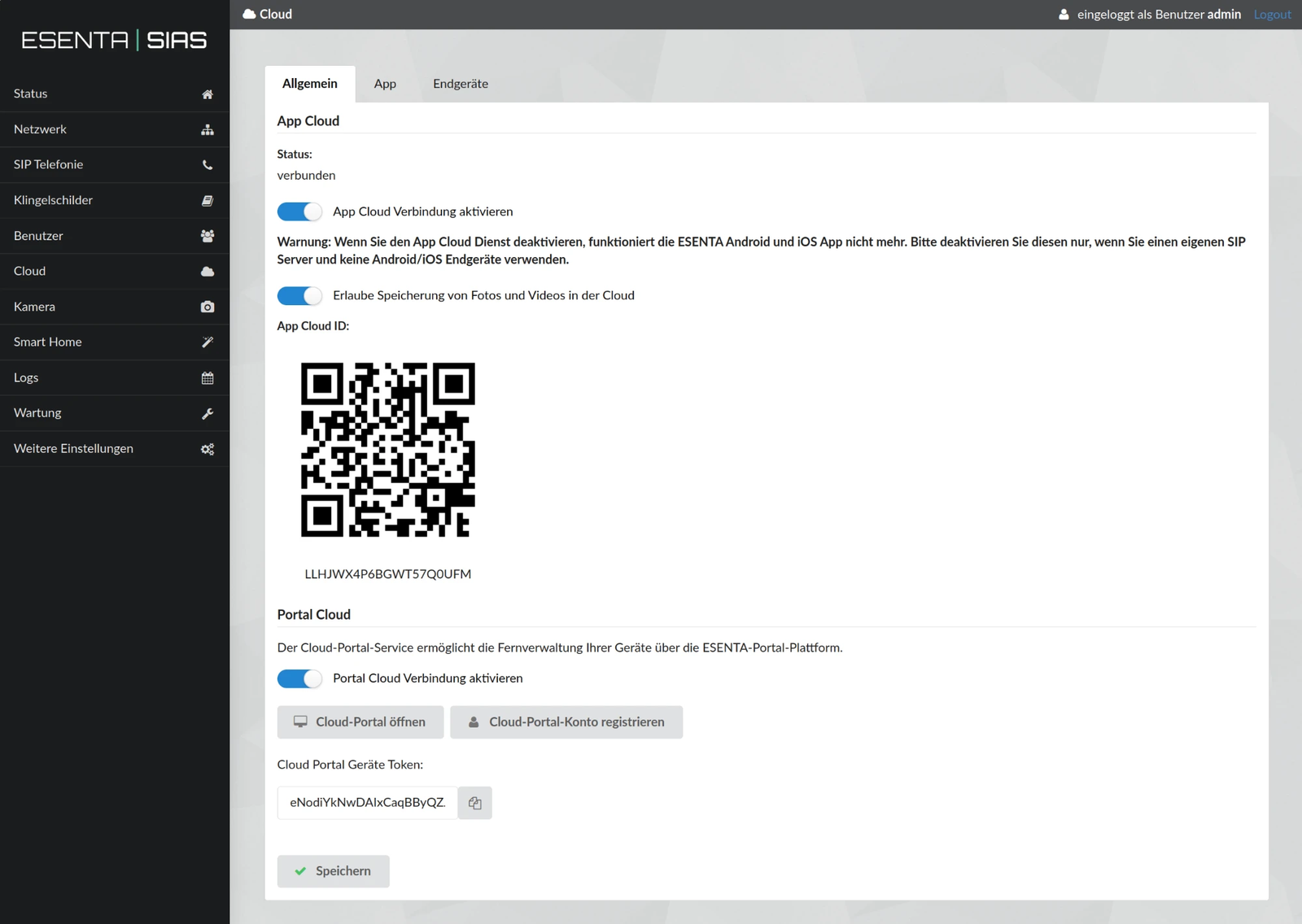 Page Cloud de l'interface web SIAS avec la section « Portal Cloud » et le jeton d'appareil